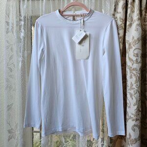 Brunello Cucinelli Long Sleeve Monili Beaded Accent Crew Neck  Top, L, White